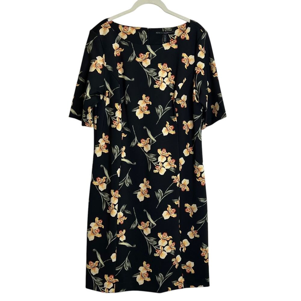 White House Black Market Scuba Sheath Dress Elbow Sleeve 14 Black Floral NWT